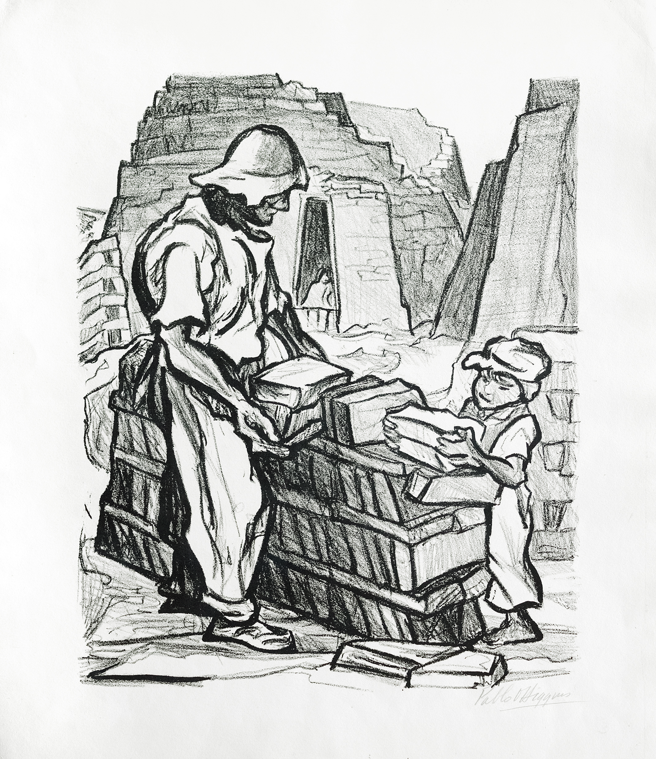 Estampa que representa a un hombre adulto y a un niño trabajando en una ladrillera. Los personajes apilan ladrillos en el primer plano y al fondo se aprecian los hornos.