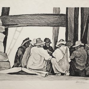 Foto de obra de O'Higgins en la que aparecen algunos obreros desayunando en su descanso en una construcción o fábrica.